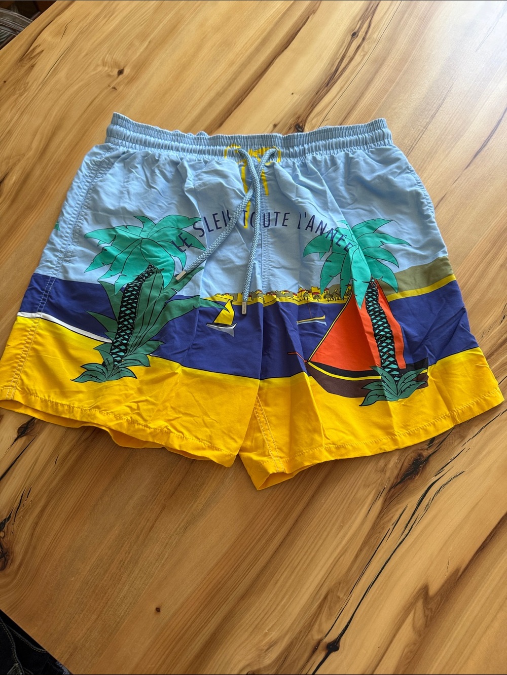 Vilebrequin Light Blue, Yellow & Navy Tropical Palm Swim Trunks